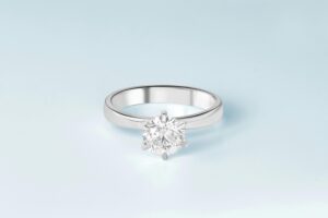 Close-up of a luxurious solitaire diamond engagement ring with a clear background.