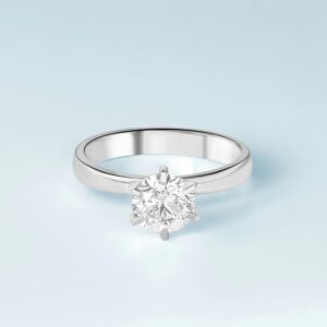 Close-up of a luxurious solitaire diamond engagement ring with a clear background.