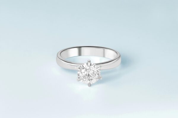 Close-up of a luxurious solitaire diamond engagement ring with a clear background.